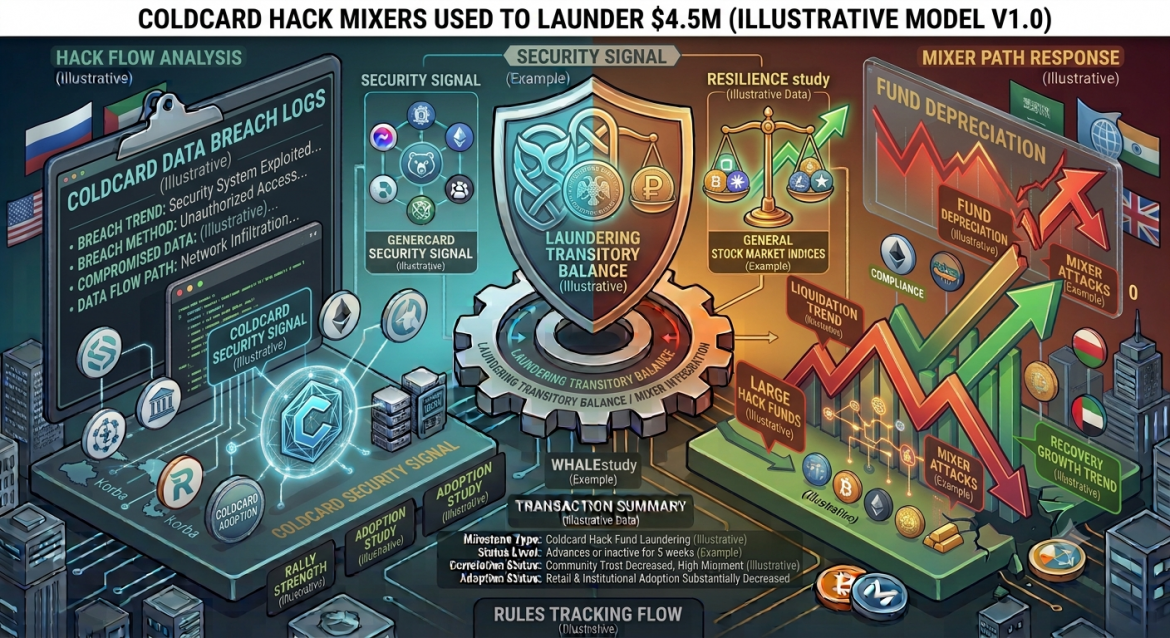 An isometric cybersecurity and blockchain forensics infographic detailing $4.5 million in stolen funds laundered through cryptocurrency mixers following a Coldcard breach. The composition is split down the center by a mechanical gear mechanism labeled 'LAUNDERING TRANSITORY BALANCE / MIXER INTEGRATION' beneath a central security shield. The header banner reads 'COLDCARD HACK MIXERS USED TO LAUNDER $4.5M (ILLUSTRATIVE MODEL V1.0)'. The left half, in cool cyan and blue, displays a research clipboard titled 'COLDCARD DATA BREACH LOGS' alongside a glowing Coldcard emblem on a 'COLDCARD SECURITY SIGNAL' platform. The right half, in warm gold and red, shows downward market trend vectors labeled 'FUND DEPRECIATION' and 'MIXER ATTACKS' alongside compliance badges, mixer path callouts, and data panels. A bottom status panel logs the 'TRANSACTION SUMMARY'.