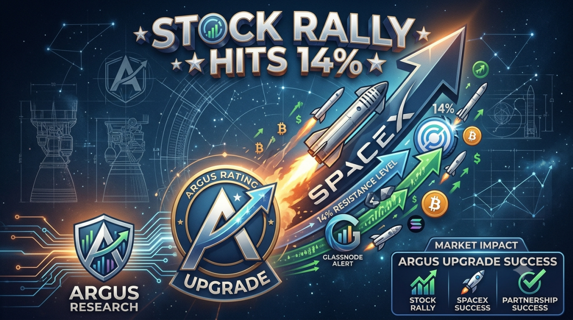 An abstract conceptual graphic visualized entirely with logos and symbols, illustrating the title "SpaceX Stock Rally Hits 14% on Argus Upgrade." It features a central 'ARGUS RATING UPGRADE' symbol launching a 'SpaceX' rocket logo that pushes a 'SPACEX STOCK' token through a 14% resistance line. The top text reads 'STOCK RALLY HITS 14%.' Integrated logos include 'GLASSNODE ALERT' and a grouped 'ARGUS UPGRADE SUCCESS' impact panel on a deep space blueprint background.