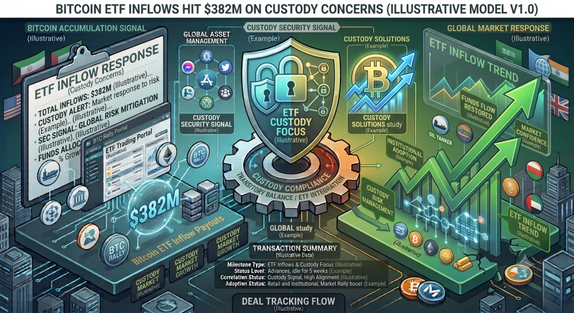 An isometric financial analysis infographic mapping $382 million in Bitcoin ETF capital inflows spurred by institutional custody concerns. The composition is split down the center by a mechanical gear base labeled 'CUSTODY COMPLIANCE / TRANSITORY BALANCE / ETF INTEGRATION' underneath a central security shield featuring a keyhole icon and labeled 'ETF CUSTODY FOCUS'. The top header banner reads 'BITCOIN ETF INFLOWS HIT $382M ON CUSTODY CONCERNS (ILLUSTRATIVE MODEL V1.0)'. The left half, in cool cyan and blue, features a research clipboard titled 'ETF INFLOW RESPONSE' alongside glowing '$382M' platform indicators and ETF trading interfaces. The right half, in warm green and gold, shows rising market vector arrows labeled 'ETF INFLOW TREND' above golden custody vaults, institutional adoption emblems, and a data panel for 'GLOBAL MARKET RESPONSE'. A bottom status panel logs the 'TRANSACTION SUMMARY'.