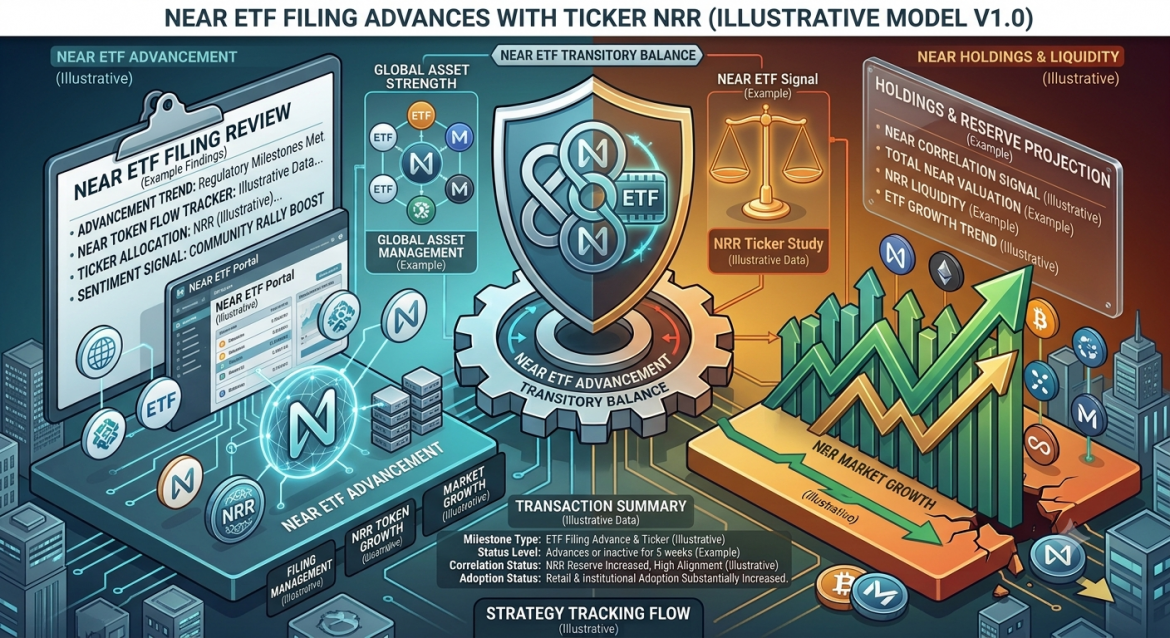 An isometric institutional crypto analysis infographic illustrating the advancement of a NEAR Protocol ETF filing with ticker NRR. The design is split down the center by a central gear core labeled 'NEAR ETF ADVANCEMENT / TRANSITORY BALANCE' underneath a split shield combining the NEAR Protocol 'N' logo with an 'ETF' chip emblem. The header banner reads 'NEAR ETF FILING ADVANCES WITH TICKER NRR (ILLUSTRATIVE MODEL V1.0)'. The left half, in cool cyan and blue, features a research clipboard titled 'NEAR ETF FILING REVIEW' alongside glowing NEAR and NRR ticker badges. The right half, in warm gold and orange, displays upward green trend lines labeled 'NRR MARKET GROWTH' next to a data board for 'HOLDINGS & RESERVE PROJECTION' with a balance scale labeled 'NEAR ETF Signal'. A bottom status panel logs the 'TRANSACTION SUMMARY'.