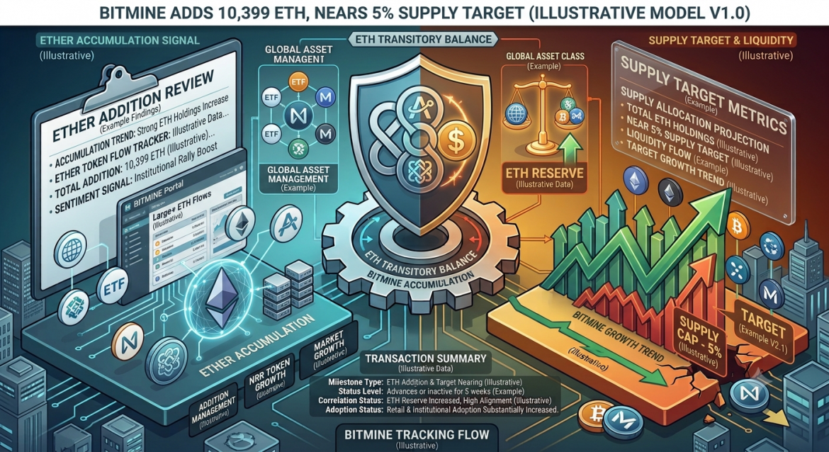 An isometric corporate asset tracking infographic detailing BitMine's addition of 10,399 Ethereum tokens as it approaches a 5% total supply target. The composition is split down the center by a central gear mechanism labeled 'ETH TRANSITORY BALANCE / BITMINE ACCUMULATION' underneath a split shield combining node network symbols with a dollar sign token. The header banner reads 'BITMINE ADDS 10,399 ETH, NEARS 5% SUPPLY TARGET (ILLUSTRATIVE MODEL V1.0)'. The left half, in cool cyan and blue, displays a research clipboard titled 'ETHER ADDITION REVIEW' alongside glowing Ethereum node emblems. The right half, in warm gold and orange, features upward green chart vectors labeled 'BITMINE GROWTH TREND' and 'SUPPLY CAP - 5%' next to a data board for 'SUPPLY TARGET METRICS'. A bottom status panel logs the 'TRANSACTION SUMMARY'.