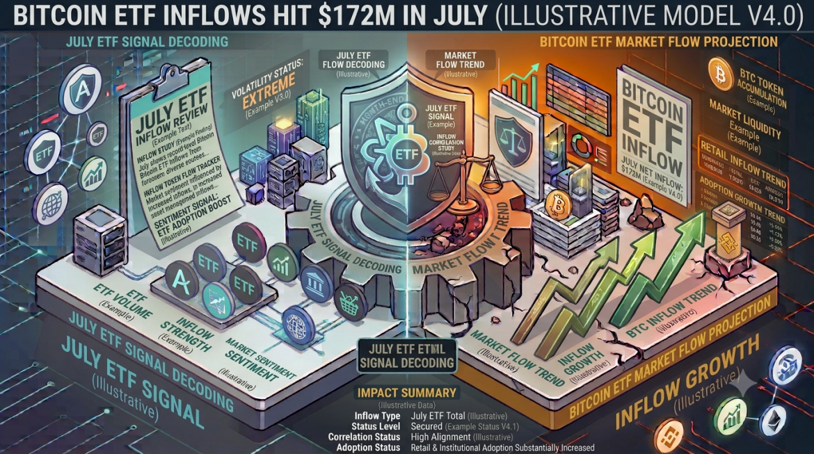 A detailed isometric market analysis infographic illustrating Bitcoin ETF net inflows reaching $172 million in July. The canvas is split down the center by a large gear core labeled 'JULY ETF SIGNAL DECODING' and 'MARKET FLOW TREND', underneath a split shield combining an 'ETF' token emblem and a golden balance scale. The header banner reads 'BITCOIN ETF INFLOWS HIT $172M IN JULY (ILLUSTRATIVE MODEL V4.0)'. The left side, in cool cyan and blue, displays a research clipboard titled 'JULY ETF INFLOW REVIEW' alongside ETF network badges. The right side, in warm gold and orange, features green multi-arrow upward growth charts labeled 'INFLOW GROWTH' and a primary data board displaying 'JULY NET INFLOW: $172M'. A bottom status module summarizes the 'IMPACT SUMMARY' metrics.