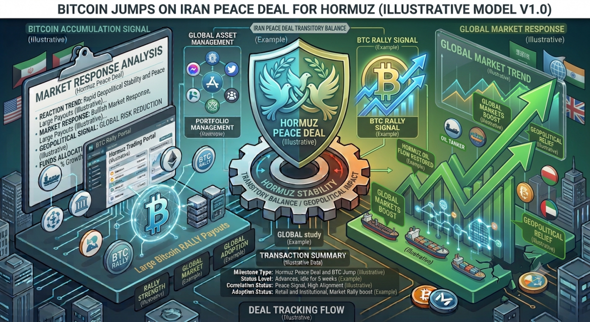 An isometric geopolitical and market telemetry infographic illustrating Bitcoin's price jump following an Iran peace deal regarding the Strait of Hormuz. The layout is split down the center by a mechanical gear base labeled 'HORMUZ STABILITY / TRANSITORY BALANCE / GEOPOLITICAL IMPACT' underneath a central peace shield depicting two doves. The header banner reads 'BITCOIN JUMPS ON IRAN PEACE DEAL FOR HORMUZ (ILLUSTRATIVE MODEL V1.0)'. The left side, in cool cyan and blue, displays a research clipboard titled 'MARKET RESPONSE ANALYSIS' alongside glowing Bitcoin symbols and trade portal UI elements. The right side, in vibrant green and gold, shows rising market trend lines labeled 'GLOBAL MARKET TREND' and 'GEOPOLITICAL RELIEF' above cargo ship vectors in the Strait of Hormuz. A bottom status panel logs the 'TRANSACTION SUMMARY'.