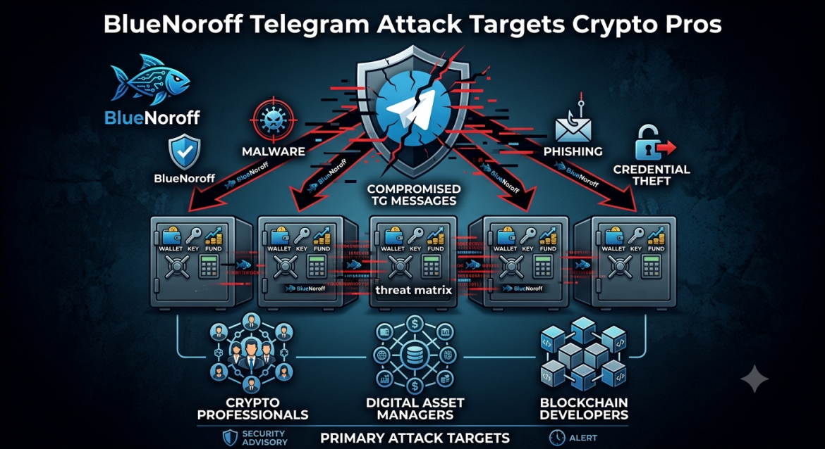 An infographic illustrating the BlueNoroff Telegram attack targeting crypto professionals. The central design is a broken shield with a compromised Telegram logo and a red data breach, labeled "COMPROMISED TG MESSAGES". Arrows from the breach point to four threat icons: a malware skull, a phishing envelope, a padlock for credential theft, and a "threat matrix" icon. Below these, five secure digital safes labeled "WALLET KEY FUND" are targeted. At the base, three grouped professional logos define the "PRIMARY ATTACK TARGETS": CRYPTO PROFESSIONALS, DIGITAL ASSET MANAGERS, and BLOCKCHAIN DEVELOPERS, along with a "BlueNoroff" fish logo. The style is a high-tech visual diagram with a dark blue and black textured background.