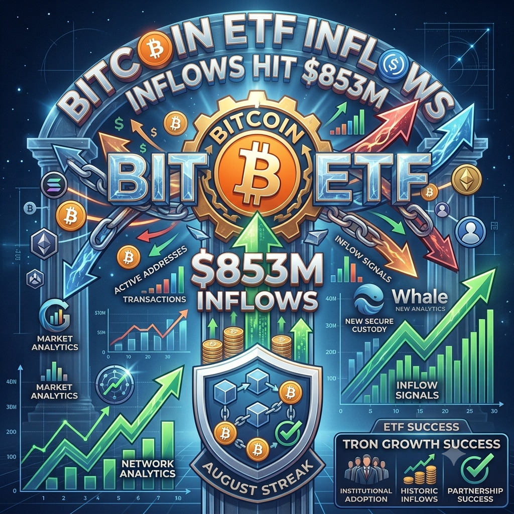 An intricate conceptual graphic visualizing 'Bitcoin ETF Inflows Hit $853M in August Streak' using dynamic, integrated logos and symbols. Features a central 'BITBIT ETF' shield and rocket pillar pushing through a $850M ceiling, with dynamic upward charts, a chain showing an unbroken 'AUGUST STREAK,' and panels on Institutional Adoption and ETF Success. Background is a digital blueprint network in a cinematic style.