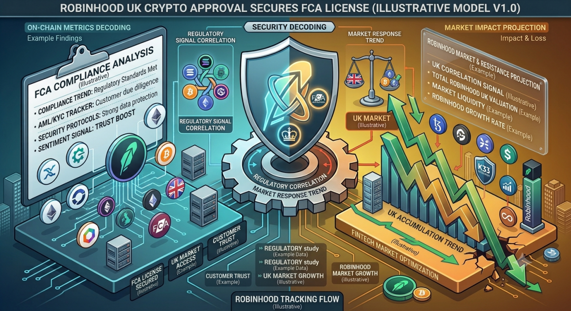An isometric regulatory analysis infographic mapping Robinhood securing its FCA license for UK crypto operations. The design is split down the center by a central gear core labeled 'REGULATORY CORRELATION / MARKET RESPONSE TREND' and a central shield featuring Robinhood's feather emblem alongside UK regulatory badges and FCA symbols. The header banner reads 'ROBINHOOD UK CRYPTO APPROVAL SECURES FCA LICENSE (ILLUSTRATIVE MODEL V1.0)'. The left half, in cool cyan, features a research clipboard titled 'FCA COMPLIANCE ANALYSIS' detailing compliance standards alongside Robinhood, UK flag, FCA, and crypto logos. The right half, in warm gold and green, shows an upward green growth vector labeled 'UK ACCUMULATION TREND' next to a data board for 'ROBINHOOD MARKET & RESISTANCE PROJECTION'. A bottom status panel logs 'ROBINHOOD TRACKING FLOW'.