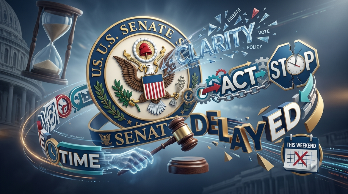 A conceptual visualization of the CLARITY Act Senate vote delay, featuring the U.S. Senate Seal, an hourglass, and dynamic floating graphics labeled CLARITY, ACT, STOP, DELAYED, and a calendar for THIS WEEKEND over a stylized U.S. Capitol background.