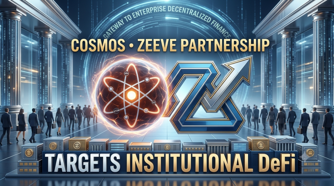 A cinematic visualization of the Cosmos and Zeeve partnership. A glowing ATOM orbital model for Cosmos and a structured upward arrow for Zeeve form a central emblem in a digital bank hall. Surrounding text reads 'COSMOS • ZEEVE PARTNERSHIP' and 'TARGETS INSTITUTIONAL DeFi', set against a backdrop of professional figures walking toward a digital gate labeled 'GATEWAY TO ENTERPRISE DECENTRALIZED FINANCE'.