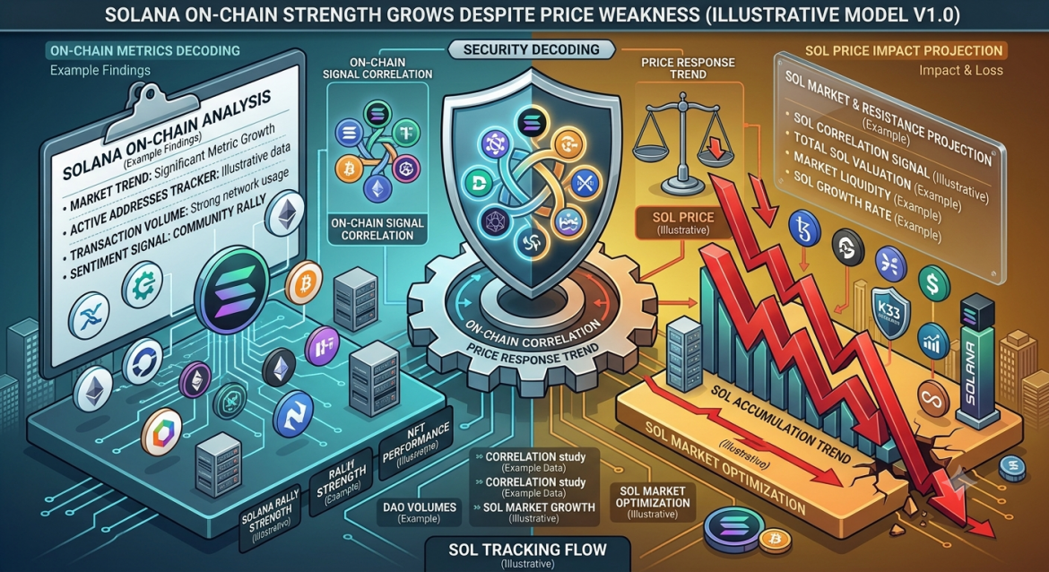 An isometric crypto analysis infographic contrasting Solana's growing on-chain network metrics with its short-term price weakness. The composition is split down the center by a central gear core labeled 'ON-CHAIN CORRELATION / PRICE RESPONSE TREND' and a central shield displaying a node network with Solana and ecosystem logos. The header banner reads 'SOLANA ON-CHAIN STRENGTH GROWS DESPITE PRICE WEAKNESS (ILLUSTRATIVE MODEL V1.0)'. The left half, in cool cyan and blue, shows a research clipboard titled 'SOLANA ON-CHAIN ANALYSIS' detailing metric growth alongside Solana, Ethereum, and DeFi logos. The right half, in warm orange and red, features downward red price charts labeled 'SOL ACCUMULATION TREND' next to a display board for 'SOL MARKET & RESISTANCE PROJECTION'. A bottom status panel logs 'SOL TRACKING FLOW' data.