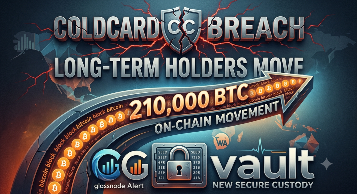 A cinematic conceptual infographic for a blog post titled: 'Coldcard Breach: Long-Term Holders Move 210K BTC'. The central design is built of stylized logos and graphics on a dark, cracked world map. At the top, a broken shield with 'CC' and 'COLDCARD BREACH' is shown with red lightning. Below, it reads 'LONG-TERM HOLDERS MOVE'. A huge arrow labeled '210,000 BTC' with small moving 'bitcoin blocks' (₿) and 'ON-CHAIN MOVEMENT' text represents a massive transaction. The arrow points to a secure 'VAULT' logo with 'NEW SECURE CUSTODY'. Smaller logos for 'glassnode Alert' and 'Whale Alert' (WA) are integrated to emphasize on-chain analytics. The overall impression is one of movement, scale, and strategic security shift.
