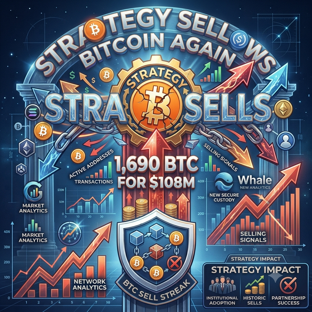 A complex conceptual infographic made of logos and symbols, visualizing 'Strategy Sells Bitcoin Again, 1,690 BTC for $108M'. Features a large breaking Bitcoin logo on a downward-pointing arrow, with dynamic charts labeled 'SELLING SIGNALS' and 'NETWORK ANALYTICS' on a digital blueprint background. At the base, a 'BTC SELL STREAK' shield shows an unbroken chain of red 'X' marked coins.