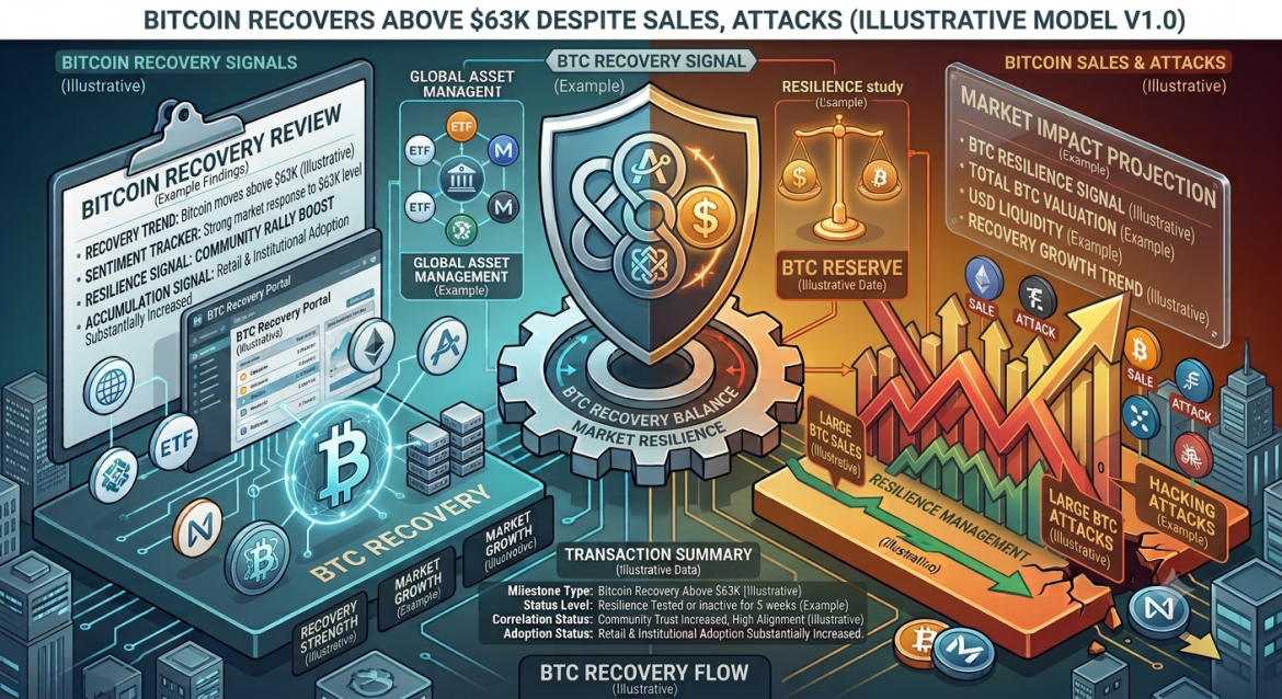 An isometric crypto market resilience infographic detailing Bitcoin's recovery above the $63,000 price level despite sell-offs and network security incidents. The composition is split down the center by a central gear mechanism labeled 'BTC RECOVERY BALANCE / MARKET RESILIENCE' underneath a split shield combining node network loops with a dollar sign token. The header banner reads 'BITCOIN RECOVERS ABOVE $63K DESPITE SALES, ATTACKS (ILLUSTRATIVE MODEL V1.0)'. The left half, in cool cyan and blue, shows a research clipboard titled 'BITCOIN RECOVERY REVIEW' alongside a glowing Bitcoin logo. The right half, in warm gold and red, features upward orange growth vectors rising above labeled obstacle blocks ('LARGE BTC SALES', 'HACKING ATTACKS') next to a data board for 'MARKET IMPACT PROJECTION' with a balance scale titled 'RESILIENCE study'. A bottom status panel logs the 'TRANSACTION SUMMARY'.