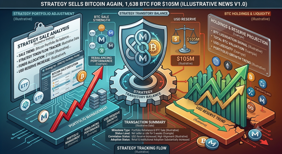 An isometric corporate treasury analysis infographic illustrating Strategy's sale of 1,638 Bitcoin for $105 million USD. The composition is split down the center by a central gear core labeled 'STRATEGY TRANSITORY BALANCE' underneath a split shield combining corporate 'M' logo badges with a golden Bitcoin token. The header banner reads 'STRATEGY SELLS BITCOIN AGAIN, 1,638 BTC FOR $105M (ILLUSTRATIVE NEWS V1.0)'. The left side, in cool cyan and blue, features a research clipboard titled 'STRATEGY SALE ANALYSIS' alongside a portfolio portal interface. The right side, in warm gold and green, shows an upward green chart labeled 'USD RESERVE TREND' next to a data board for 'HOLDINGS & RESERVE PROJECTION' with a balance scale displaying '$105M'. A bottom status panel logs the 'TRANSACTION SUMMARY'.