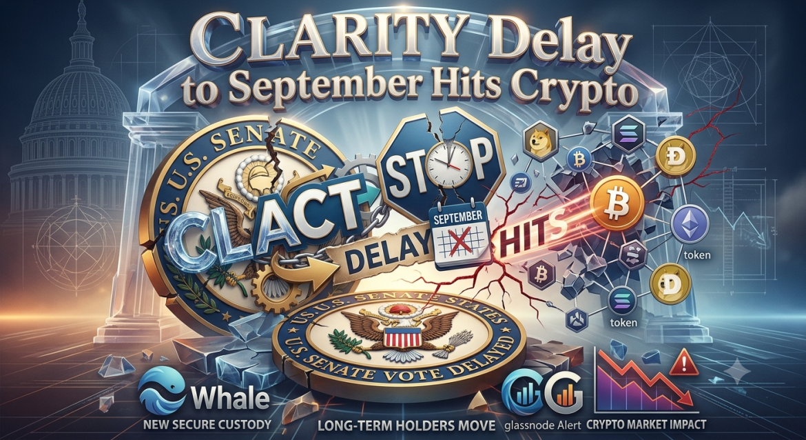 A conceptual graphic representing the 'CLARITY Act Delay to September Hits Crypto' news, featuring broken metallic 'CLACT' and 'STOP' sign logos with a September calendar, causing a cascade of generic cryptocurrency tokens and downward market charts. The U.S. Capitol dome is in the background.