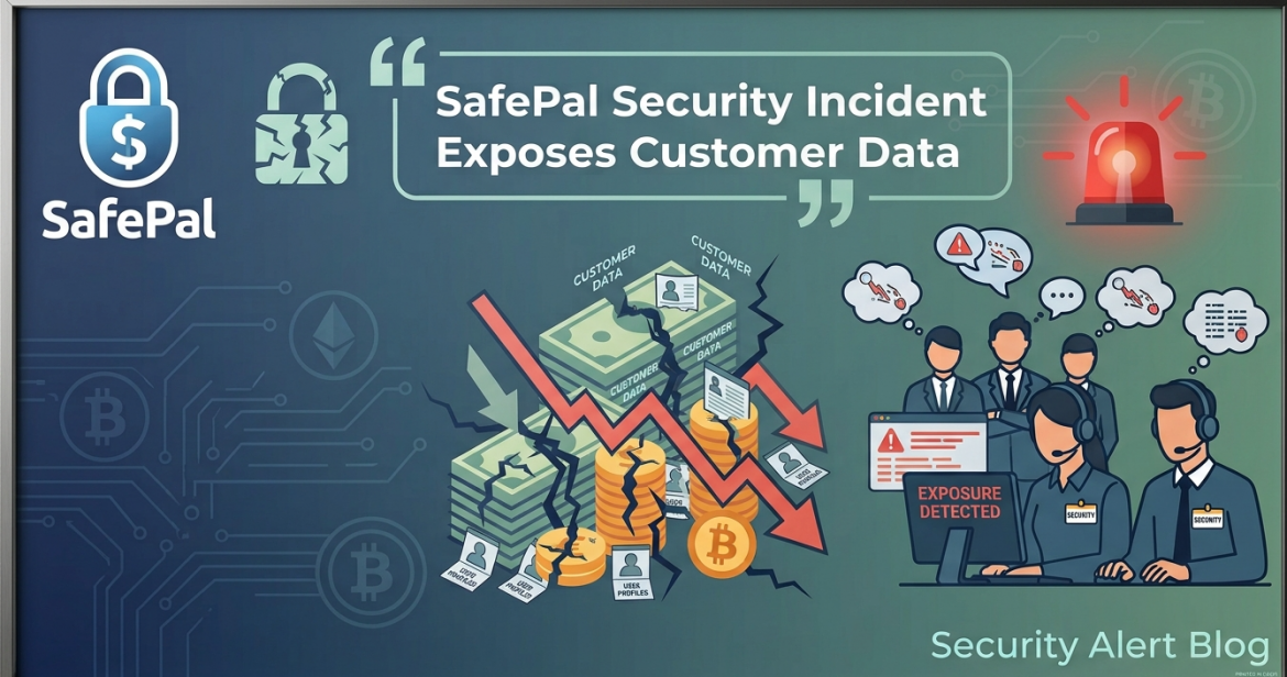A security alert image featuring the headline 'SafePal Security Incident Exposes Customer Data', a cracked padlock icon, the SafePal logo, a red siren, and customer service operators monitoring a breach.