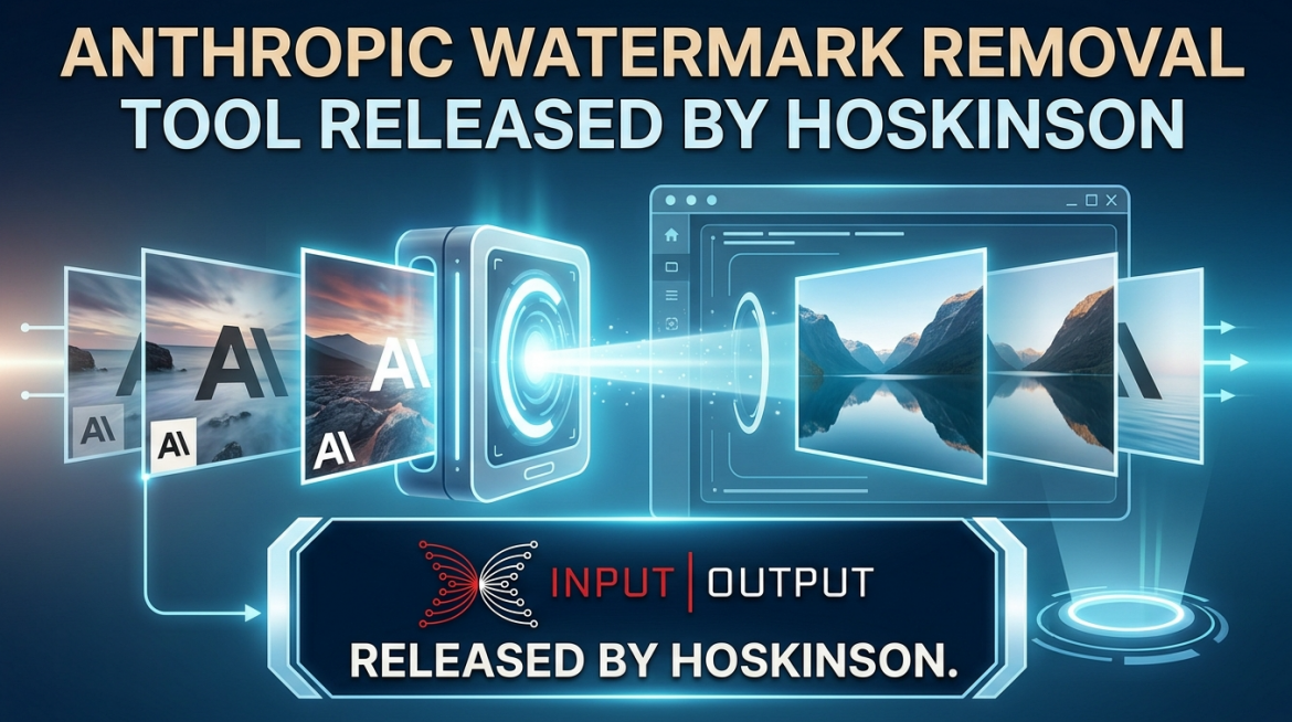 Infographic depicting a watermark removal tool processing images marked with Anthropic AI logos into clean, watermark-free images, featuring Input Output Global branding and the header "Anthropic Watermark Removal Tool Released by Hoskinson."