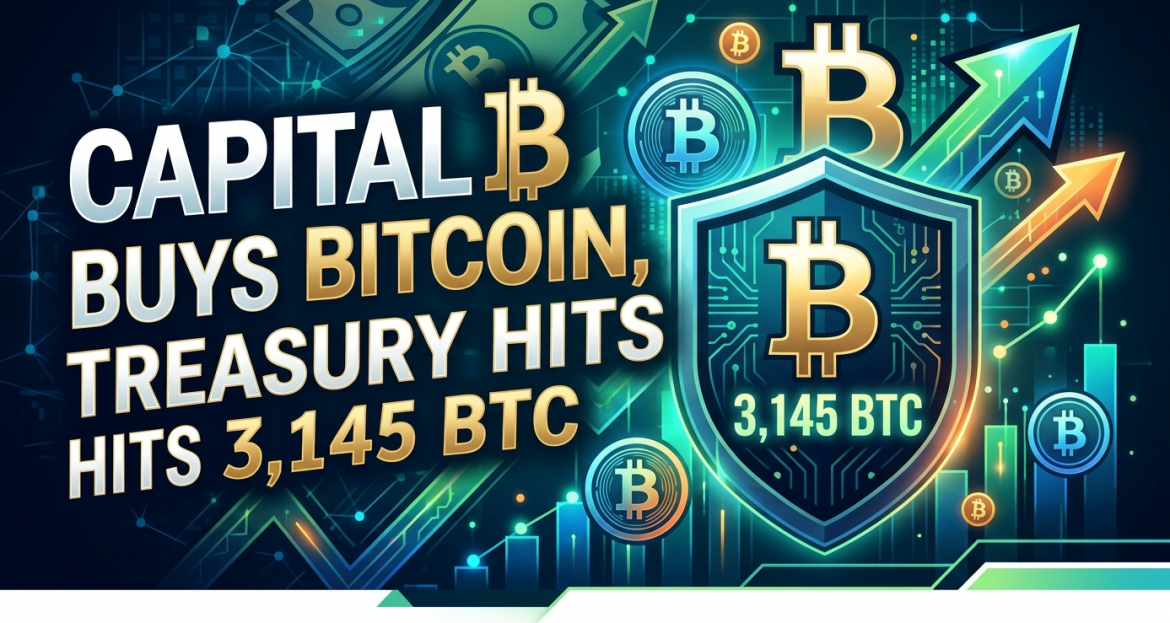 A digital infographic for a crypto blog. On the left, bold white and gold text reads 'CAPITAL B BUYS BITCOIN, TREASURY HITS 3,145 BTC'. On the right, a glowing tech shield surrounds a large golden Bitcoin logo with the number '3,145 BTC' below it. The background is a dark teal network with upward-trending financial charts and various floating Bitcoin symbols.