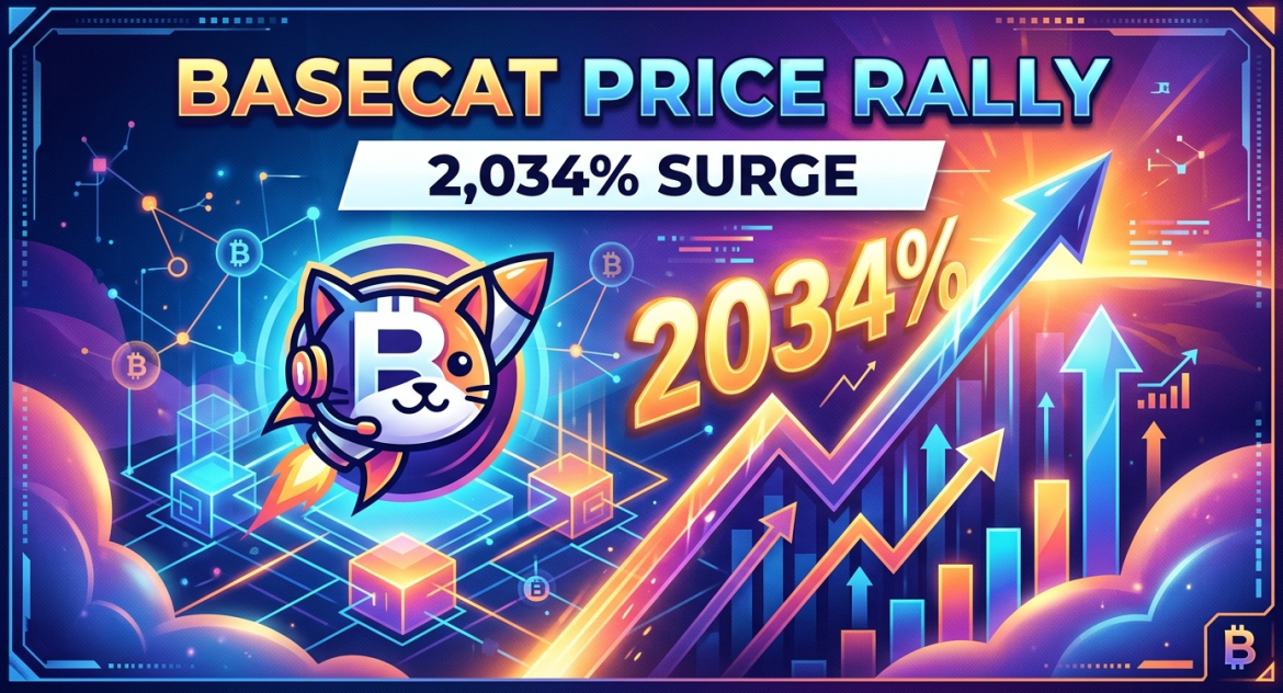 A dynamic crypto blog header graphic illustrating the BASECAT token's massive price rally. The image features bold title text 'BASECAT PRICE RALLY' and '2,034% SURGE'. On the left, a cartoon cat in a rocket (the BASECAT logo) blasts upward from digital blocks. A dramatic upward-trending bar chart and a jagged line graph dominate the right side, showing a monumental percentage gain with multiple blue and gold arrows. Small 'B' symbols are integrated into the network background, which uses a deep blue and purple gradient with bright cyan and orange highlights.