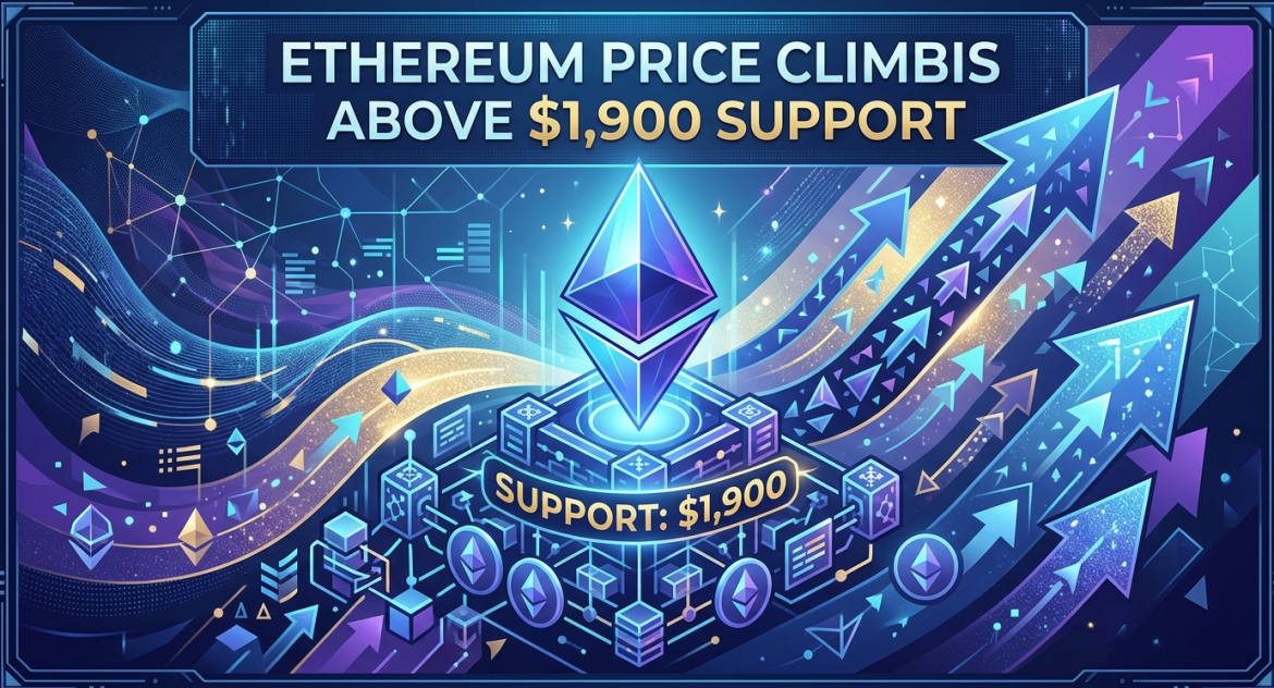 A dynamic, high-tech digital illustration showing a glowing Ethereum crystal logo ascending. It is breaking through a digital platform labeled "SUPPORT: $1,900" and soaring upwards along a cluster of powerful blue and purple arrows. The scene is set against a complex, glowing blockchain network background, with the blog title "ETHEREUM PRICE CLIMBIS ABOVE $1,900 SUPPORT" displayed at the top.