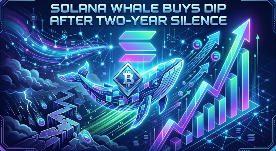 A dynamic neon infographic for a crypto blog. In the center, a digital whale with a Bitcoin logo breaches from a dark, stormy abyss labeled with falling Solana tokens into a bright, rising bar graph with upward arrows. Bold neon text at the top reads: "SOLANA WHALE BUYS DIP AFTER TWO-YEAR SILENCE."