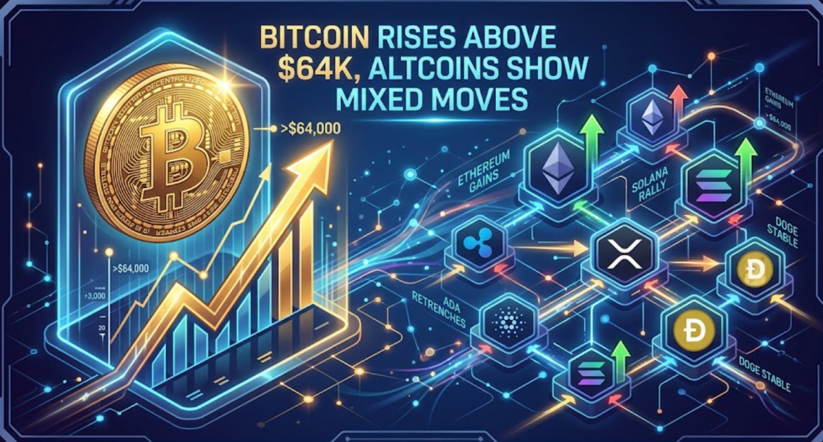 A high-tech digital infographic with glowing blue and gold lines on a dark background. On the left, a giant golden Bitcoin coin is on a platform with a rising arrow pointing to '>$64,000'. On the right, an intricate circuit network connects glowing hexagonal icons representing other cryptocurrencies. Symbols for Ethereum and Solana have green upward arrows. Other icons for XRP, Cardano, and Dogecoin have red sideways or downward arrows, with floating text reading 'ADA RETRENCHES' and 'DOGE STABLE', illustrating mixed market moves.