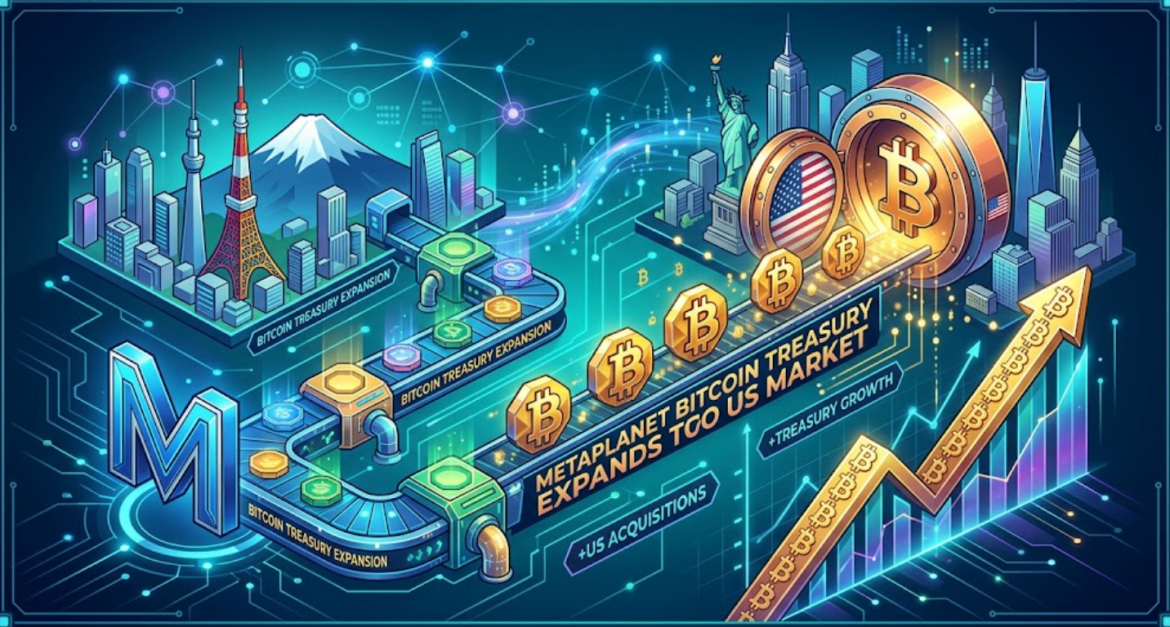 An isometric digital illustration showing a glowing 'M' logo in a Tokyo cityscape (left) linked by a pipeline of Bitcoin tokens to a New York cityscape (right). A conveyor belt of BTC tokens moves from left to right, feeding into a large golden Bitcoin token with a US flag. Text on the conveyer reads "METAPLANET BITCOIN TREASURY EXPANDS TO US MARKET." Charts and arrows point upwards, with "TREASURY GROWTH" and "US ACQUISITIONS" labels.
