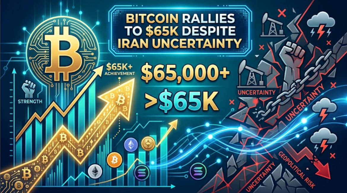 A dynamic cryptocurrency infographic. On the left, a large glowing Bitcoin logo and a golden rising arrow chart labeled '$65,000+' show significant gains. On the right, a jagged, broken landscape with stormy clouds, chains, and arrows labeled 'Uncertainty' and 'Geopolitical Risk' contrasts the growth, symbolizing market resilience. The central title reads: 'Bitcoin Rallies to $65K Despite Iran Uncertainty.'