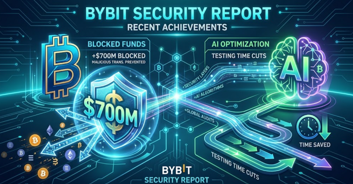 A high-tech digital infographic visualizing the 'Bybit Security Report 2024'. On the left, a large glowing Bitcoin 'B' and a shield protect a cluster of currency and crypto symbols labeled 'BLOCKED FUNDS +$700M BLOCKED'. Multiple arrows are deflected from the shield. On the right, a glowing green and purple AI brain network logo feeds into streamlined testing pathways and a clock labeled 'AI OPTIMIZATION, TESTING TIME CUTS' and 'TIME SAVED'. A central data core connects both sides.