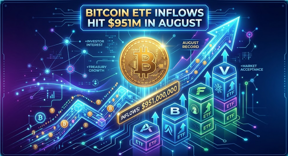 A futuristic digital infographic visualizing "BITCOIN ETF INFLOWS HIT $951M IN AUGUST." The image features a prominent central golden Bitcoin coin (₿) and a massive upward-trending arrow. Stacked glowing hexagonal modules at the base display stylized logos of asset managers like a BlackRock 'B' and a Fidelity 'F' with rising 'ETF' arrows. A counter reads "INFLOWS: $951,000,000," and "AUGUST RECORD" is labeled at the peak. The background is a network of glowing circuit lines and nodes in blues and purples.