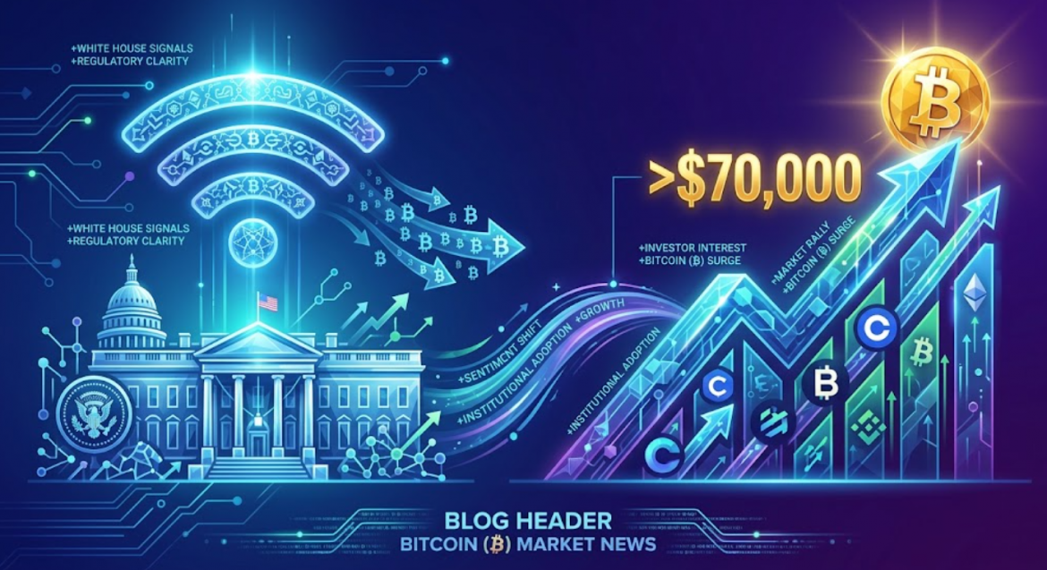 A futuristic digital infographic illustrating Bitcoin (₿) market news. On the left, a glowing blue schematic of the White House and Capitol building emits signal waves labeled '+White House Signals' and '+Regulatory Clarity'. Multiple flowing Bitcoin '₿' symbols originate from these signals and cascade towards a large upward-trending bar and line graph on the right. The chart features interlinked exchange logos (Coinbase 'C', Binance 'B', FTX, Kraken, Gemini) with rising arrows. It is crowned by a shining golden Bitcoin coin and the text '> $70,000'. Text banners highlight '+Investor Interest', '+Institutional Adoption', '+Market Rally', and '+Bitcoin (₿) Surge'. The background is a network of glowing circuit lines on a deep sapphire gradient. A footer reads: "BLOG HEADER BITCOIN (₿) MARKET NEWS".