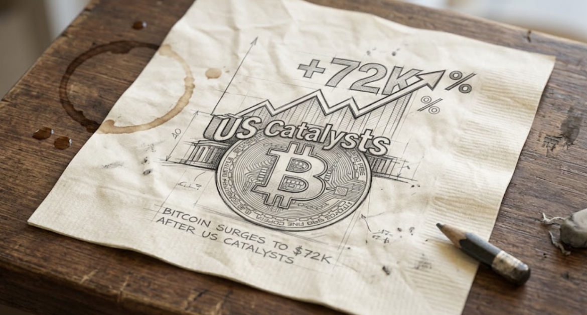 A detailed pencil sketch on a paper napkin showing a Bitcoin coin logo, an upward stock chart arrow towards $72K, and US institutional building accents.