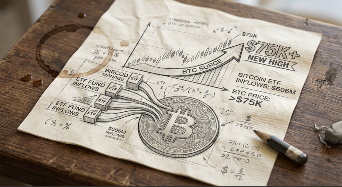 A hand-drawn pencil blueprint sketch on a paper napkin showing multiple ETF fund streams flowing directly into a central Bitcoin coin logo, pointing up toward $75K.