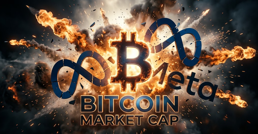 A 3D glowing Bitcoin logo rising dramatically in front of an explosive background while breaking through a cracked Meta infinity logo.