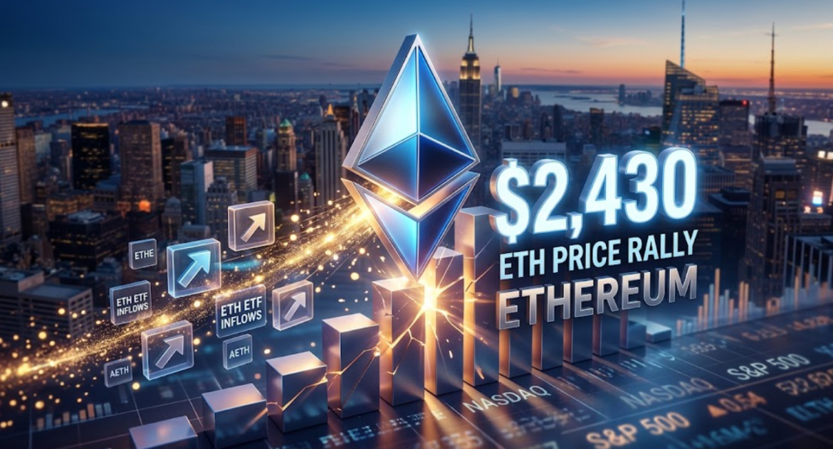 A 3D blue glowing Ethereum logo stands dramatically atop a rising silver bar chart that has broken through a data floor. In the foreground, glowing blocks labeled "ETH ETF INFLOWS" rise towards the chart, leaving light trails against a blurred New York City skyline at sunset.