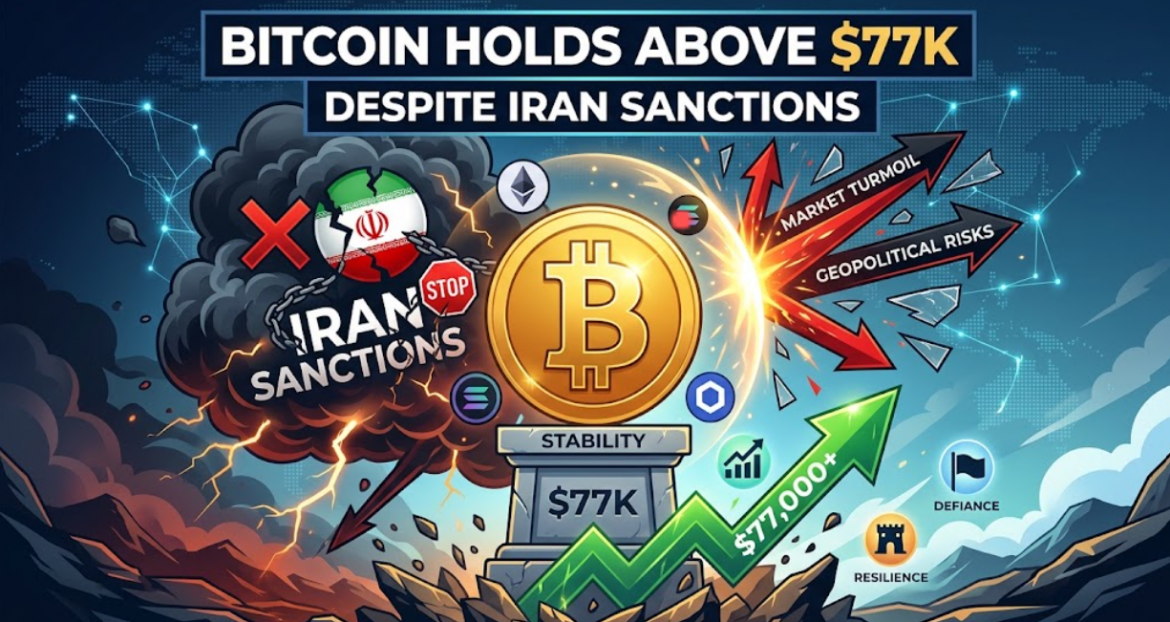 A dynamic infographic illustration showing a golden Bitcoin coin on a pedestal labeled "STABILITY" and "$77K." The coin is deflecting a dark, chained storm cloud labeled "IRAN SANCTIONS" and red arrows labeled "MARKET TURMOIL." Simultaneously, a strong green upward-pointing arrow labeled "$77,000+" is rising. The background features other crypto logos and small icons for "DEFIANCE" and "RESILIENCE." The top of the image features text reading "BITCOIN HOLDS ABOVE $77K" and "DESPITE IRAN SANCTIONS."