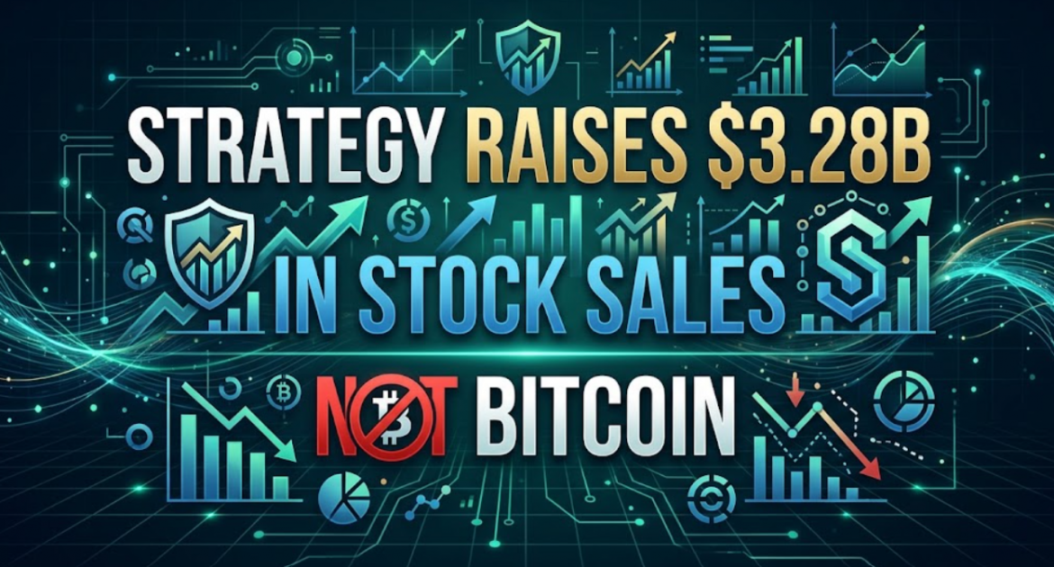A dynamic, illustrative financial infographic. The top part is a complex display of glowing teal upward-moving financial charts, data points, arrows, and generic corporate logos against a dark network background. Large text reads: "STRATEGY RAISES $3.28B IN STOCK SALES." The bottom part shows a red, crossed-out circle (a generic "no" symbol) over a Bitcoin logo, with the large text "NOT BITCOIN" and downward-trending red charts below it. Various small icons like bar charts and graphs are integrated.