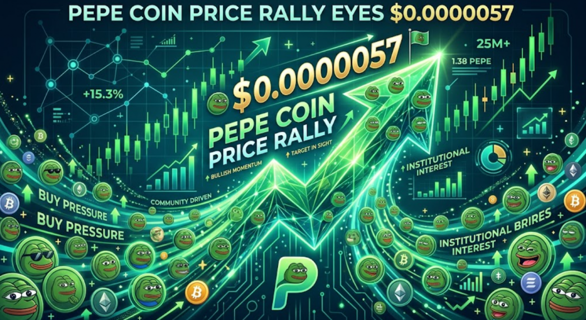 A vibrant digital infographic for a Pepe Coin price rally. A massive green arrow, filled with Pepe frog logos, launches toward a flag displaying the target: "$0.0000057". Bold text reads: "PEPE COIN PRICE RALLY EYES $0.0000057". Background features green bullish charts, waves of small Pepe coins, Bitcoin and Ethereum symbols, and data points like "+15.3%." Labels like "BUY PRESSURE" and "COMMUNITY DRIVEN" highlight market force.