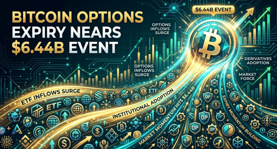 A futuristic digital infographic for a major Bitcoin market event. A massive glowing Bitcoin logo is surrounded by complex data streams and a tidal wave of golden numbers reading "BITCOIN OPTIONS EXPIRY NEAR $6.44B EVENT." A digital countdown clock is on the left, and numerous stylized crypto and options logos are integrated into the flowing data against a dark blue grid.