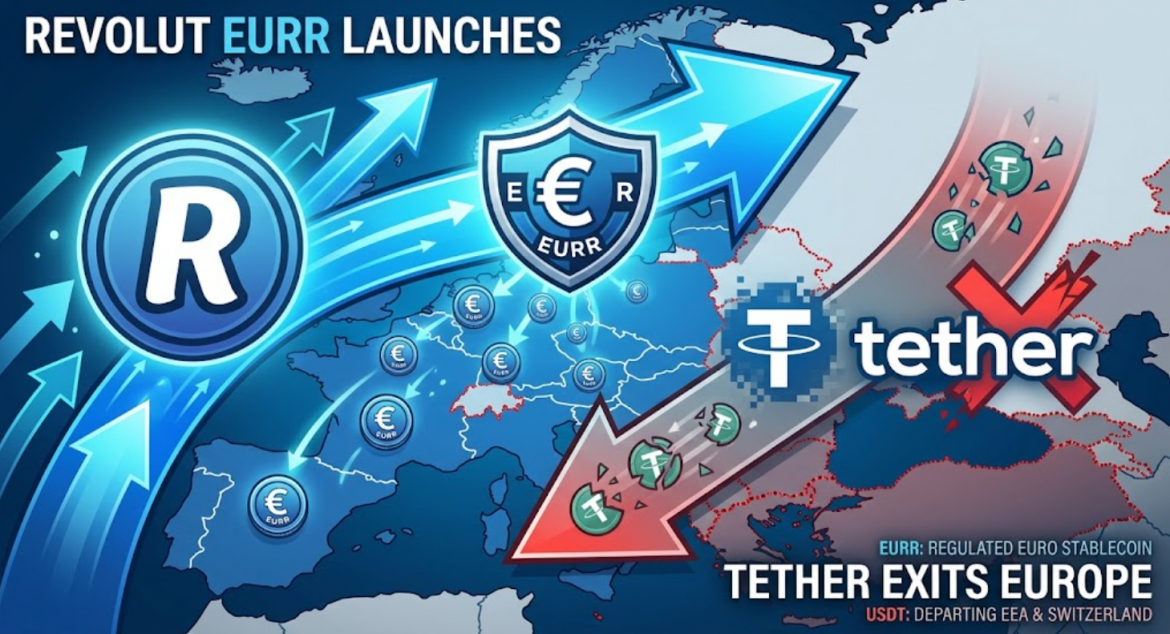 Map of Europe featuring a rising blue arrow with Revolut and EURR stablecoin logos alongside a declining red arrow with Tether logos exiting the region.