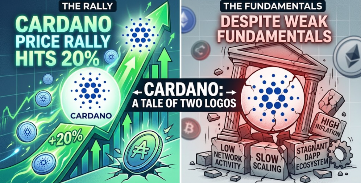 Split graphic showing a glowing Cardano logo surging along a 20% upward chart on the left, next to a cracked Cardano logo atop fragile stone pillars on the right.
