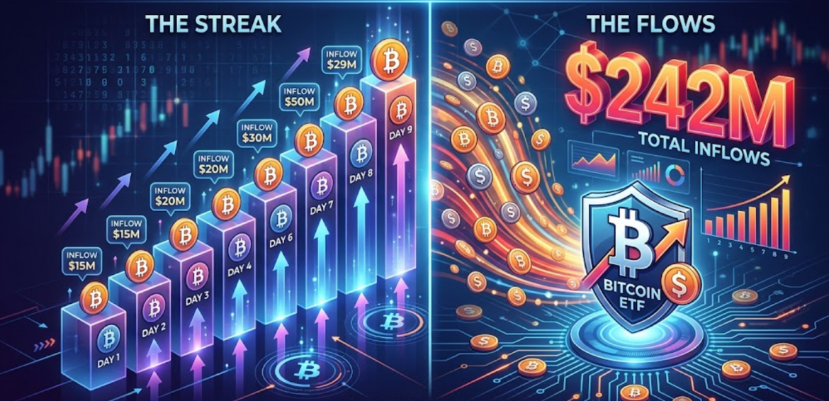 An infographic illustrating a 9-day streak of Bitcoin ETF inflows, featuring a climbing bar chart on the left and a large '$242M TOTAL INFLOWS' graphic with a Bitcoin ETF shield logo on the right.