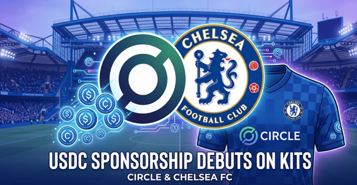 An energetic infographic illustrating the partnership between Circle and Chelsea FC, with the two logos and a cascade of USDC coins in front of a blue stadium, alongside a partial view of the Chelsea kit with 'CIRCLE' sponsorship and text reading 'USDC Sponsorship Debuts on Kits'.