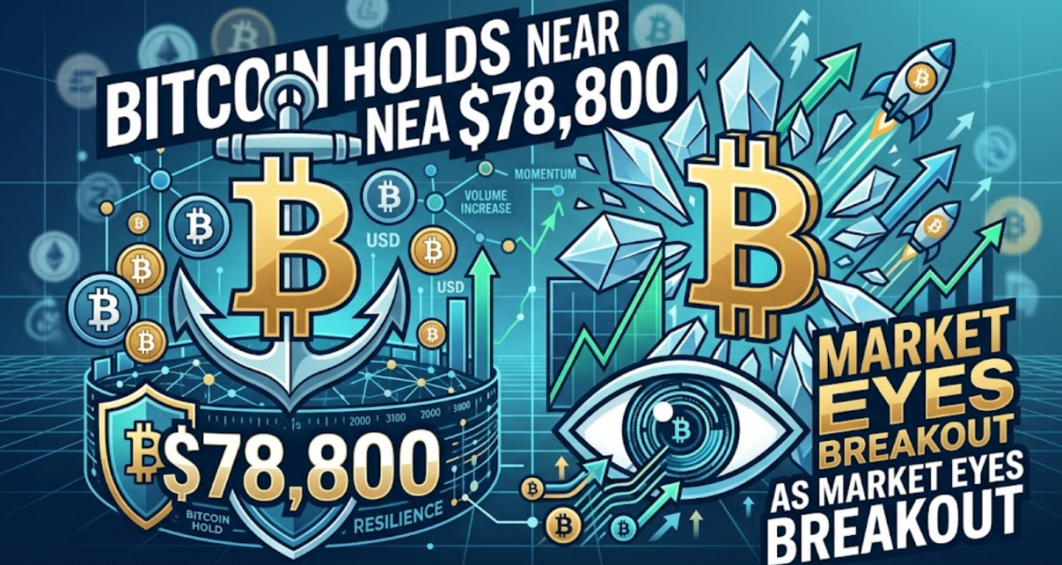 An energetic infographic illustrating Bitcoin holding steady, featuring a golden Bitcoin logo styled as a sturdy anchor at $78,800 alongside a giant stylized eye, upward target rockets, and a surging price chart targeting a market breakout.