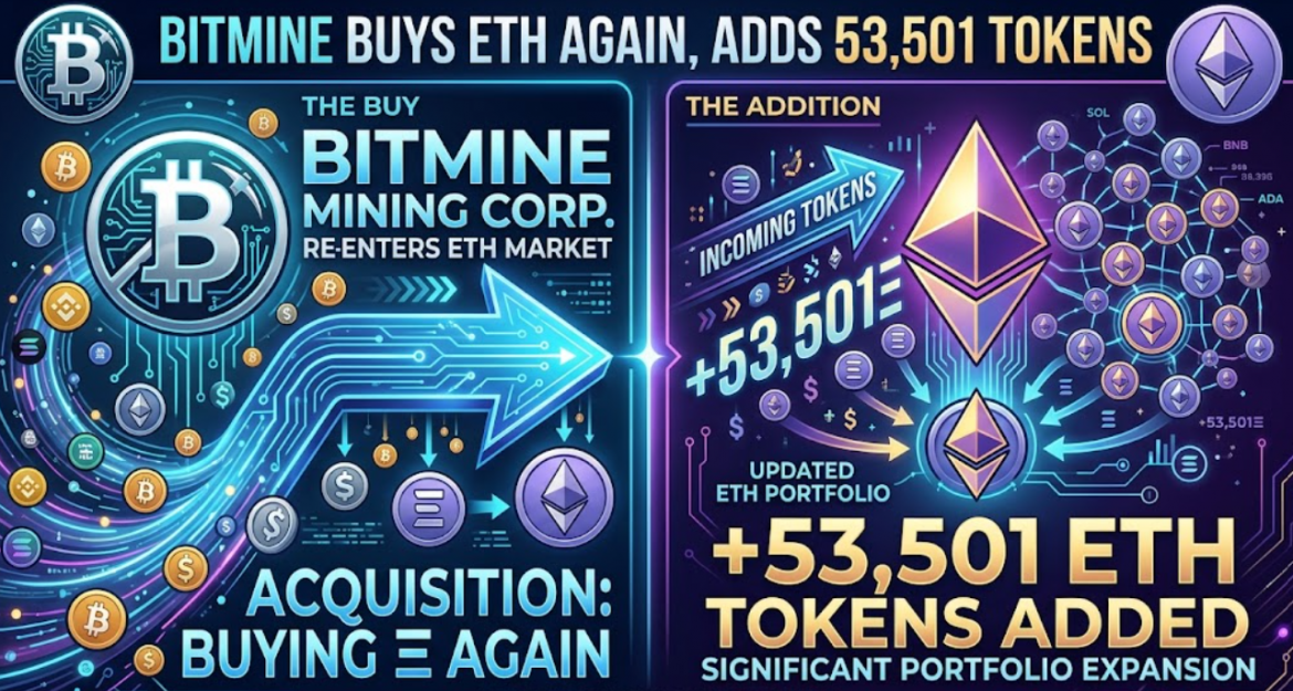 A high-tech financial infographic illustrating BitMine's Ethereum acquisition, featuring a Bitcoin logo emitting a large blue arrow labeled 'BITMINE MINING CORP. RE-ENTERS ETH MARKET' pointing toward a glowing 3D Ethereum diamond and network, alongside text reading '+53,501 ETH TOKENS ADDED'.