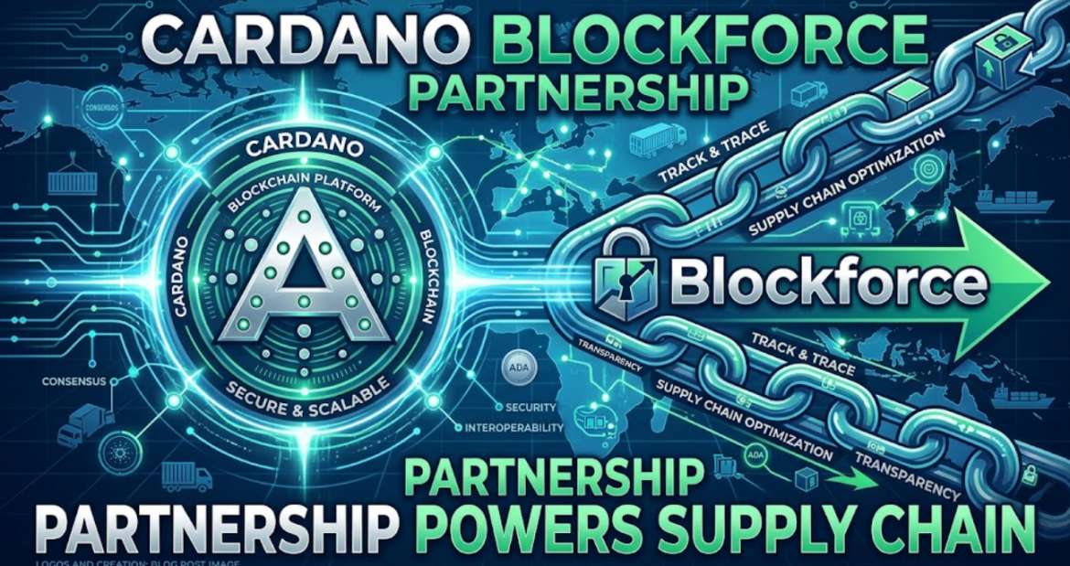 A dynamic financial infographic illustrating the Cardano Blockforce partnership. It features the Cardano logo and a stylized multi-linked supply chain with icons for tracking and logistics, set against a global network map. Green and blue energy flows connect the logos with text: "CARDANO BLOCKFORCE PARTNERSHIP POWERS SUPPLY CHAIN."