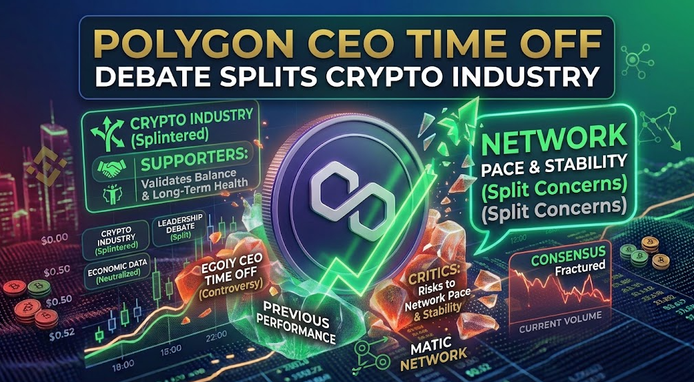 A high-tech digital infographic with deep blue and green lighting, analyzing the industry reaction to the Polygon CEO's time off. The central element is a detailed physical MATIC (Polygon) token, positioned at a clear division point. To the left, breaking through fragmented red and orange blocks labeled "CEO TIME OFF (Controversy)" and "LEADERSHIP DEBATE (Split)," is a green neon speech bubble display reading: "DEBATE SPLITS INDUSTRY: Opposing Views". Opposing callouts show "SUPPORTERS: Validates Balance & Long-Term Health" vs "CRITICS: Risks to Network Pace & Stability". The previous Bitcoin-specific panels are replaced with customized data modules: left reads "CRYPTO INDUSTRY (Splintered)" with split arrows, and right reads "MATIC ECOSYSTEM (Uncertainty)". A main right-side green neon bubble reads: "NETWORK PACE & STABILITY (Split Concerns)". Below it, "CONSENSUS Fractured". Time markers (adapted to e.g., 10:00 / 16:00 / 22:00) show fluctuating opinion. A neutralized data platform labeled "PREVIOUS PERFORMANCE" and "MATIC NETWORK" sits at the bottom. A fractured upward green arrow is present. Scattered MATIC tokens with opposing red-negative and green-positive views are present. The background shows a dimly lit futuristic city with mixed red, green, and blue light accents. The top banner text is legible and correct: "POLYGON CEO TIME OFF DEBATE SPLITS CRYPTO INDUSTRY."