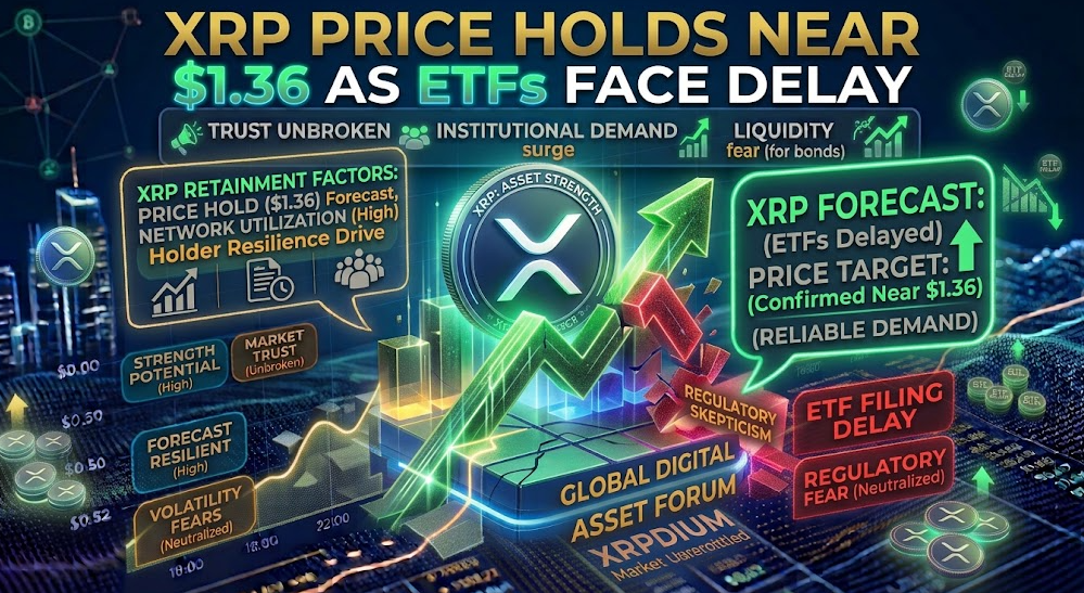 An intricate financial infographic set against a dark blue digital cityscape, visualizing why the XRP price is holding near $1.36 despite ETF delays. At the center, a huge, upwards-surging green chart arrow breaks through fragmented red blocks labeled "REGULATORY SKEPTICISM" and "ETF FILING DELAY." A massive, glowing physical token with the distinct 'XRP' logo and 'ASSET STRENGTH' text is split to clearly display the text: "$1.36 BY THE FORECAST." To the left, a detailed neon text panel lists "XRP RETAINMENT FACTORS: PRICE HOLD ($1.36) Forecast, NETWORK UTILIZATION (High), Holder Resilience Drive." Numerous supporting green callouts include "STRENGTH POTENTIAL (High)," "MARKET TRUST (Unbroken)," "FORECAST RESILIENT (High)," and "VOLATILITY FEARS (Neutralized)." A prominent green neon speech bubble on the right confirms the message with the text: "XRP FORECAST: (ETFs Delayed) / PRICE TARGET: (Confirmed Near $1.36) / (RELIABLE DEMAND)" with a large upward arrow. The entire image features integrated data panels, time markers, scattered physical tokens, and complex circuitry, culminating in bold gold and electric green text at the top: "XRP PRICE HOLDS NEAR $1.36 AS ETFs FACE DELAY."