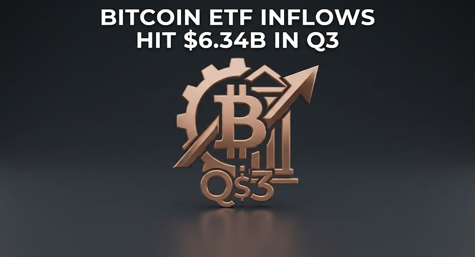A sleek, minimalist vector-style featured image against a smooth gradient dark grey to copper background. At the top center, bold, clean white sans-serif text reads: 'BITCOIN ETF INFLOWS HIT $6.34B IN Q3'. Directly below this text, a single, central, premium metallic emblem is displayed. This polished rose-gold and copper emblem is a unified conceptual device combining a detailed 'B' for Bitcoin, an upward parabolic arrow, and interlocked numbers forming a simplified 'Q3' at its base, all merged into a single iconic form with soft, precise lighting and zero complex background clutter. The composition is sparse, direct, and iconic, with a small metallic '$' symbol below the 'Q3'.