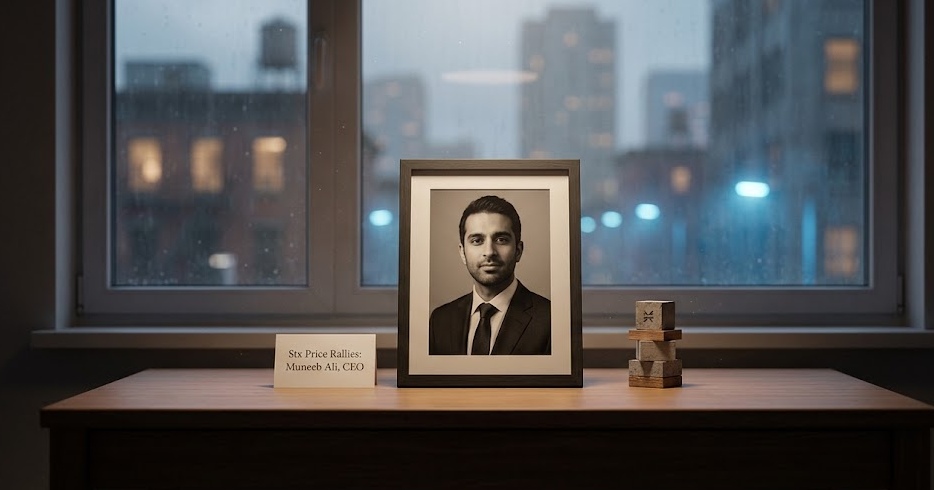 Minimalist framed portrait of Muneeb Ali on a wooden desk with stacked blocks and urban view, featuring article title overlay.