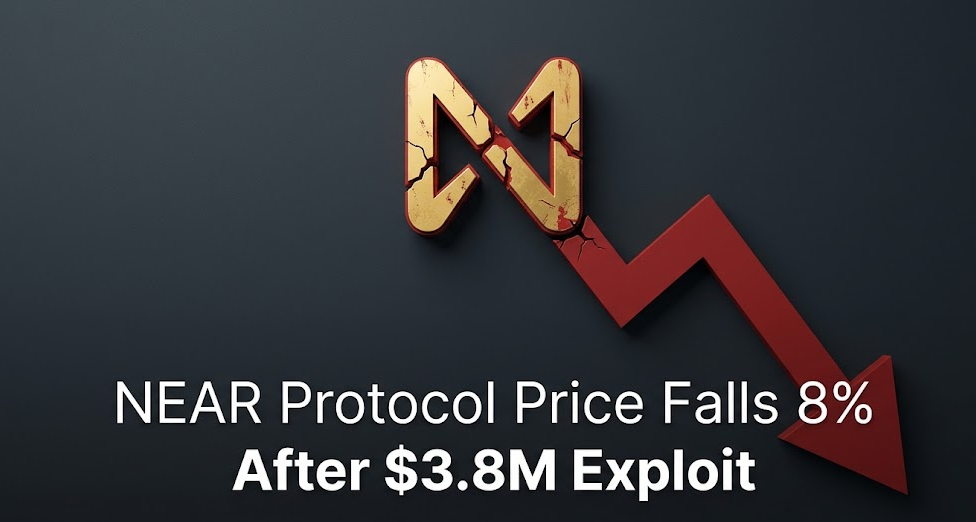 A minimalist illustration featuring a damaged gold and red NEAR Protocol logo with a sharp, downward-pointing red arrow, set against a dark grey background with the article headline text at the bottom.